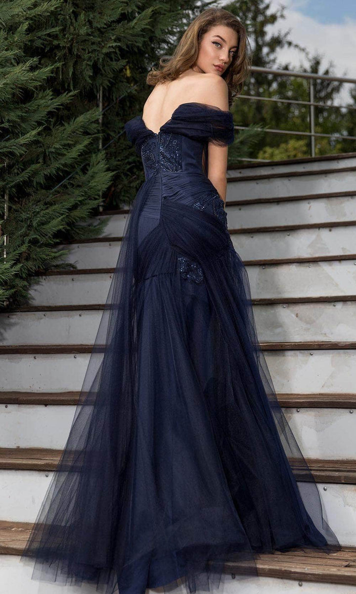 Kybeliny Navy Blue Rhinestones Evening Dress Satin Side Split Off The  Shoulder Mermaid Prom Gowns Robes De Soirée Custom Made