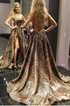 Sexy Prom Dresses A-Line Spaghetti Straps Sweep Train Leopard Printed Prom Dress with Split OHC562