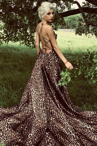 Sexy Prom Dresses A-Line Spaghetti Straps Sweep Train Leopard Printed Prom Dress with Split OHC562