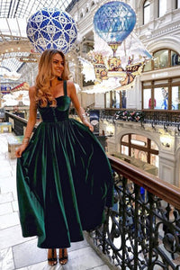 A-Line Straps Ankle-Length Dark Green Velvet Prom Party Dress OHC557