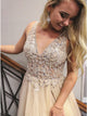 Chic Prom Dresses A-Line V-Neck Floor-Length Light Champagne Prom Dress with Beading Split OHC586