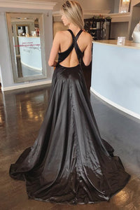 Simple A-Line Deep V-Neck Criss-Cross Back Sweep Train Black Prom Dress with Split OHC580