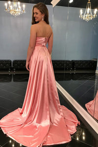 A-Line Spaghetti Straps Sweep Train Pink Prom Dress with Split OHC035 | Cathyprom