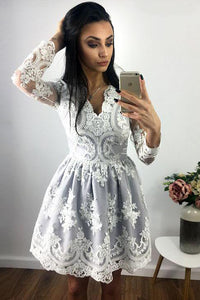 Long Sleeve Homecoming Dresses V-neck A-line Lace Short Prom Dress Party Dress OHM145