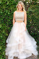 Two Piece Bateau Sweep Train White Tulle Sleeveless Prom Dress with Beading Z7