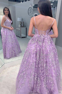 Spaghetti Straps Lilac Tulle Appliques Lace Up Prom Dress Long Criss-Cross Straps Evening Dress OHC520