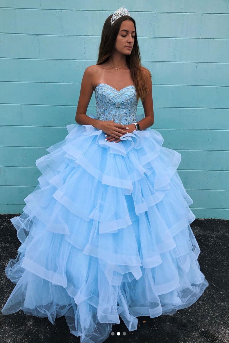 Blue Tulle Lace Appliques Sweetheart Layered Long Prom Dress