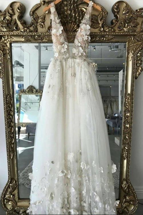 A line 3D Flowers Deep V Neck Ivory Straps Wedding Dresses Simple