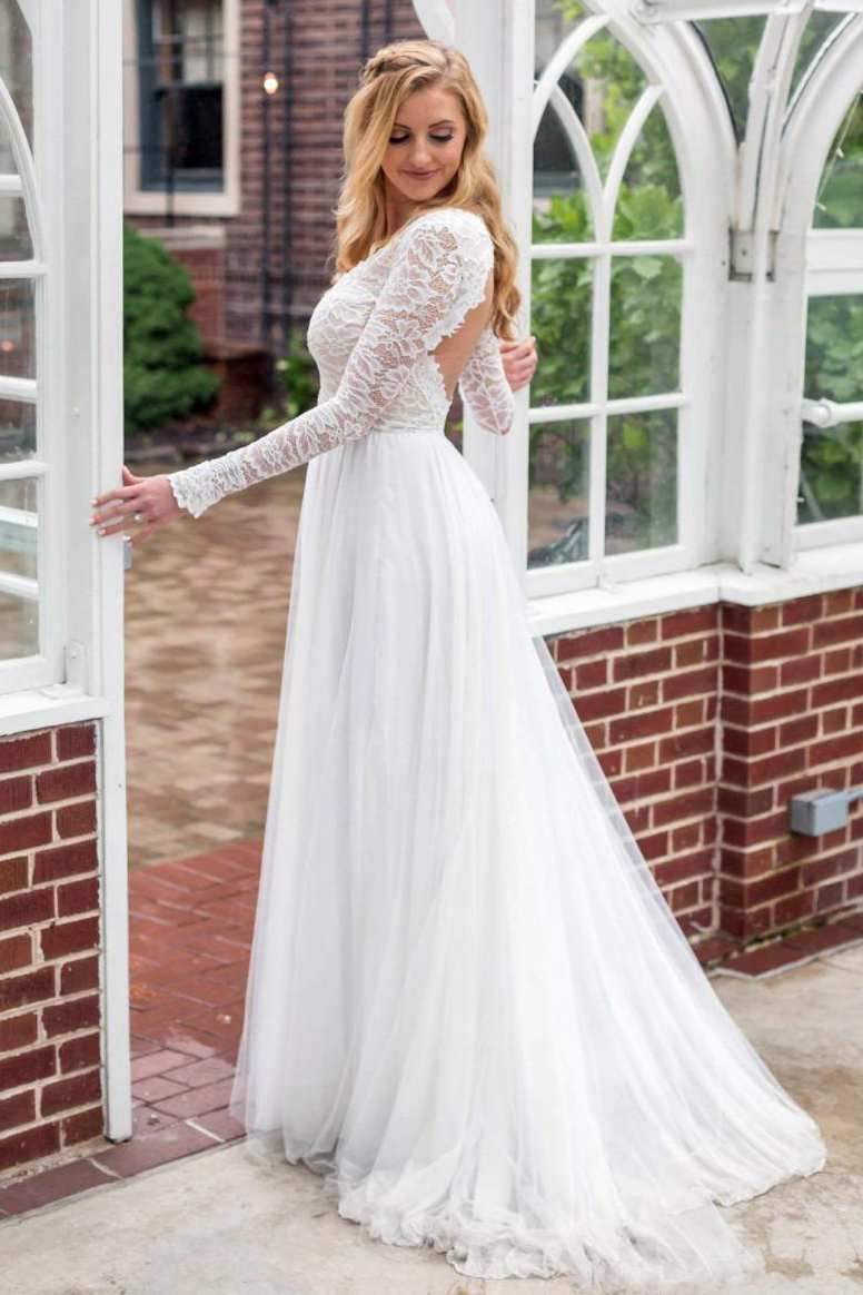 Beach Wedding Dress Applique Lace Backless Long Sleeve A Line Bridal Gown  Custom