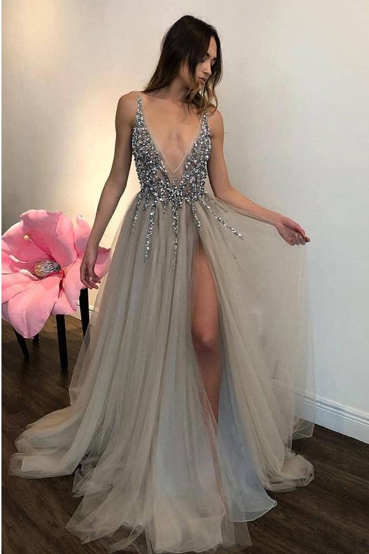 Boho Chic Prom Dress Made of Delicate Lace and Beaded Deep- V Neckline