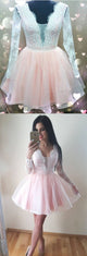 Long Sleeve Homecoming Dresses V neck A line Pink Short Prom Dress Party Dress OHM143