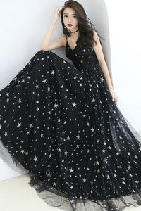 Chic A-line Spaghetti Strap Floor-length Sleeveless Star Lace Long Black Tulle Prom Dress OHC132 | Cathyprom