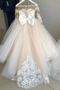 Long Sleeve Tulle Ivory Scoop Flower Girl Dresses with Lace Bowknot OHR001 | Cathyprom